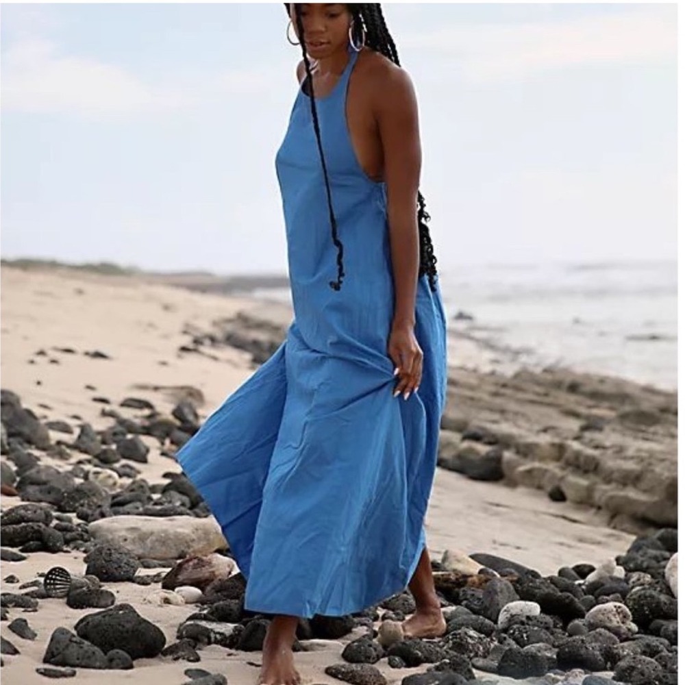 Free People Beachside Tide Blue Cotton Halter‎ Low Back Maxi Dress Size Small - Picture 1 of 10